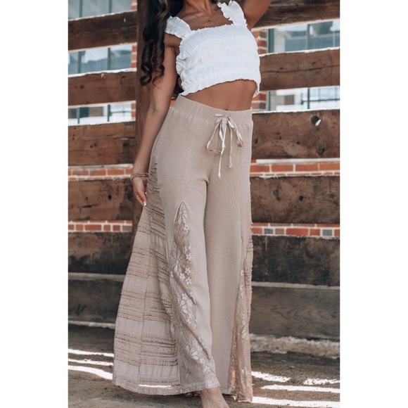 POL Mocha Latte Stretch Knit Lace Panel Wide Leg Pants - Picture 3 of 14